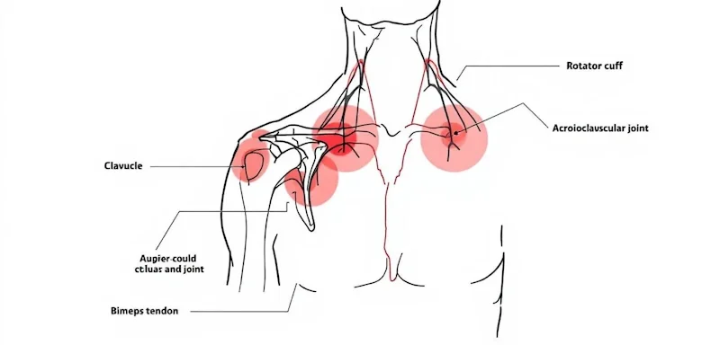 An infographic shows common locations of shoulder injuries, highlighting areas such as the rotator cuff and shoulder joint